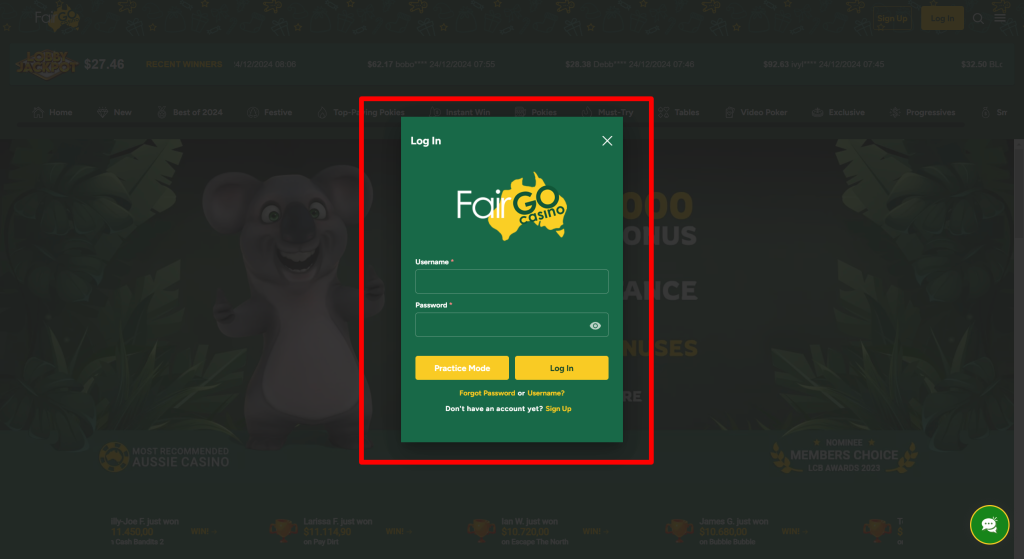 Fair Go login window