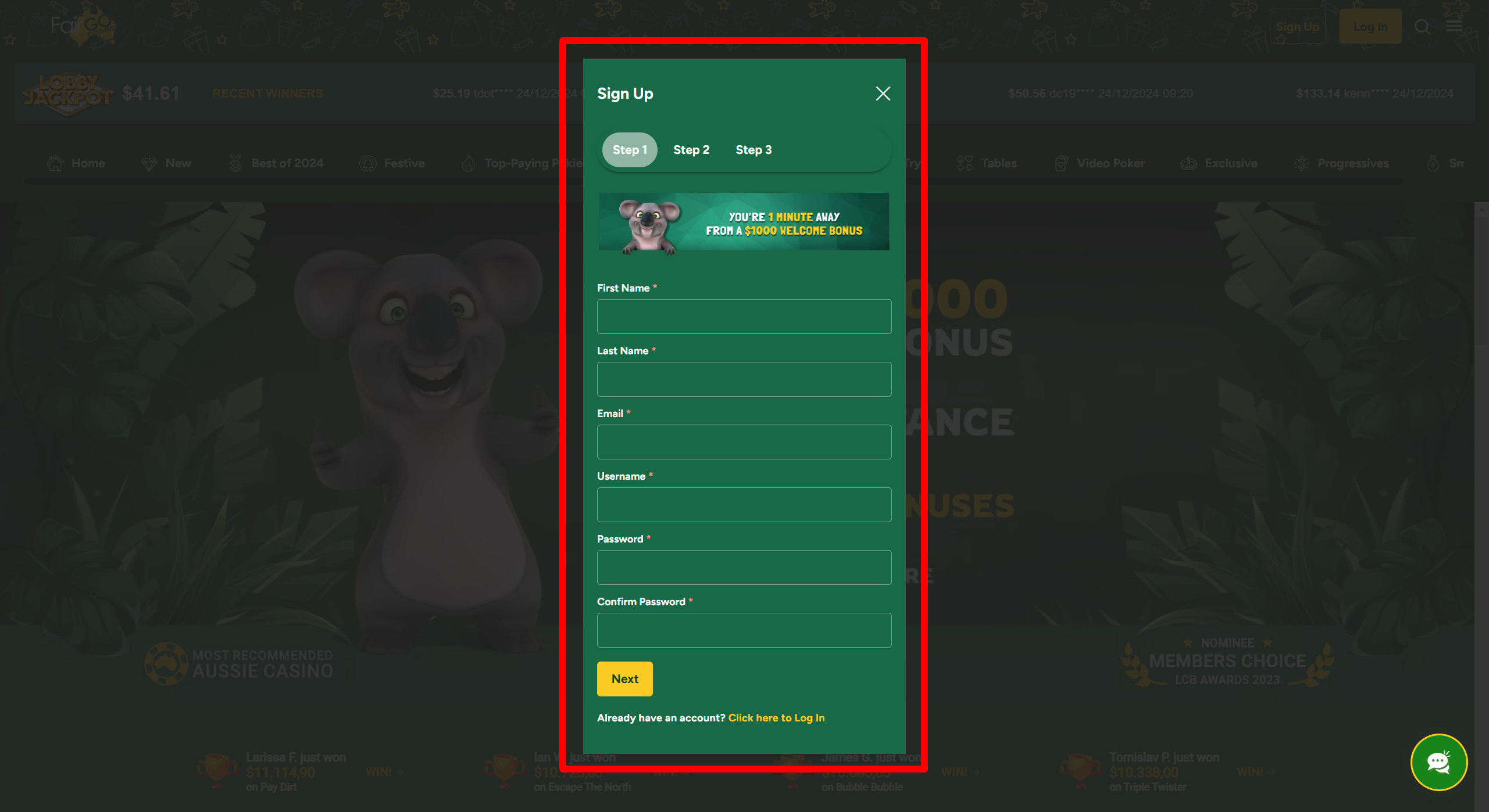 Fair Go signup window