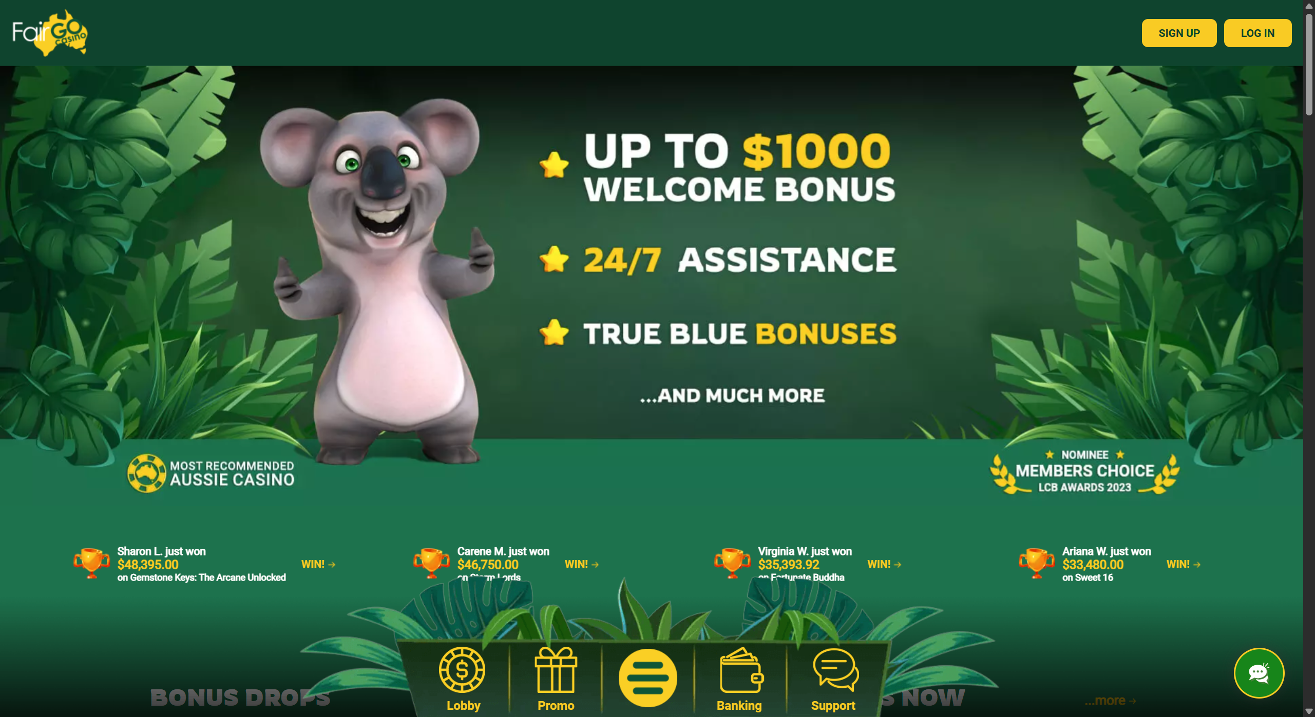 Fair Go Casino homepage screenshot